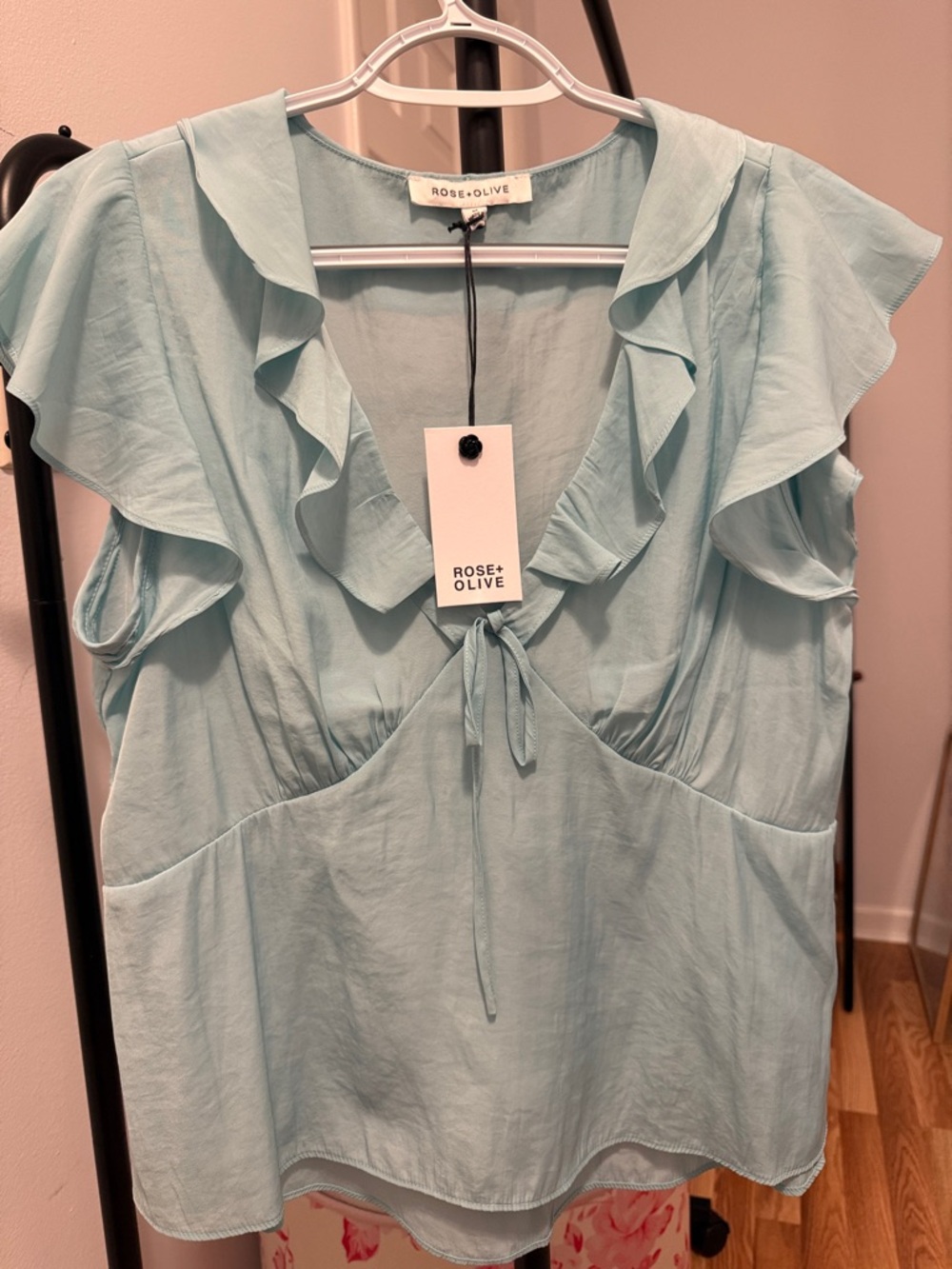 Rose & Olive Sky Blue Ruffle Tie-Front Blouse